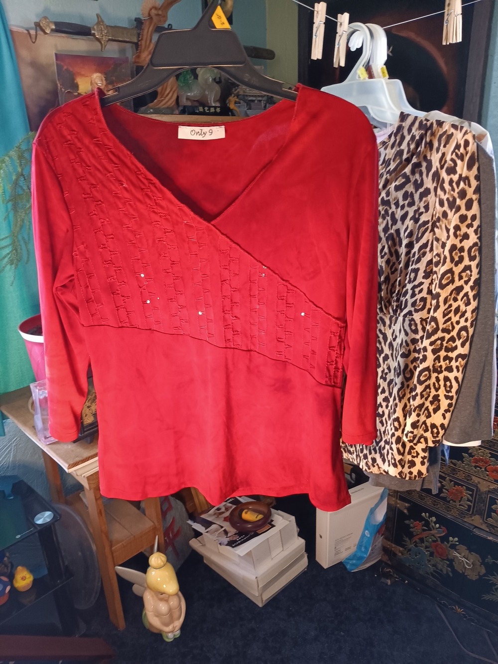 Only 9 Red V‑Neck Embellished Tunic Blouse
